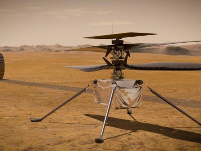 In this illustration, NASA's Ingenuity Mars Helicopter stands on the Red Planet's surface as NASA's Perseverance rover (partially visible on the left) rolls away. Credits: NASA/JPL-Caltech